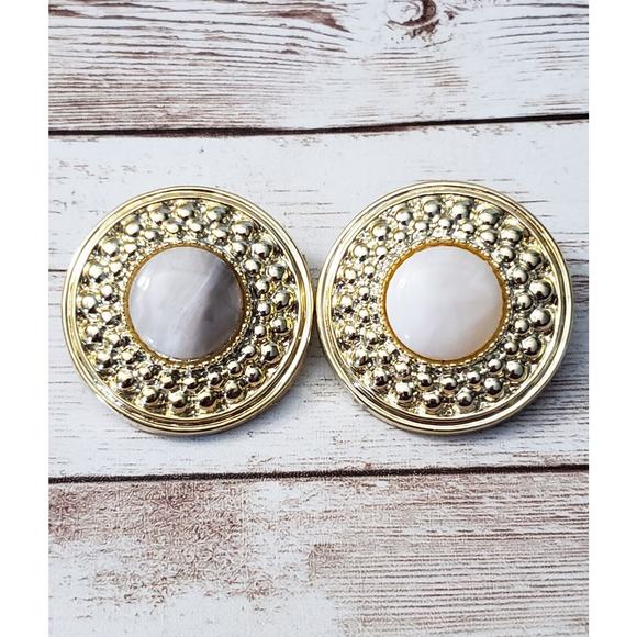 Vintage Clip On Earrings - 1.5" Large Gold Tone with Unusual Center Statement - Picture 1 of 5